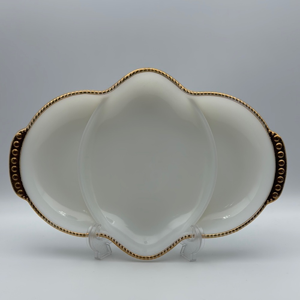 Vintage Fire King Milk Glass Made‎ in USA Relish Serving Dish with Gold Trim